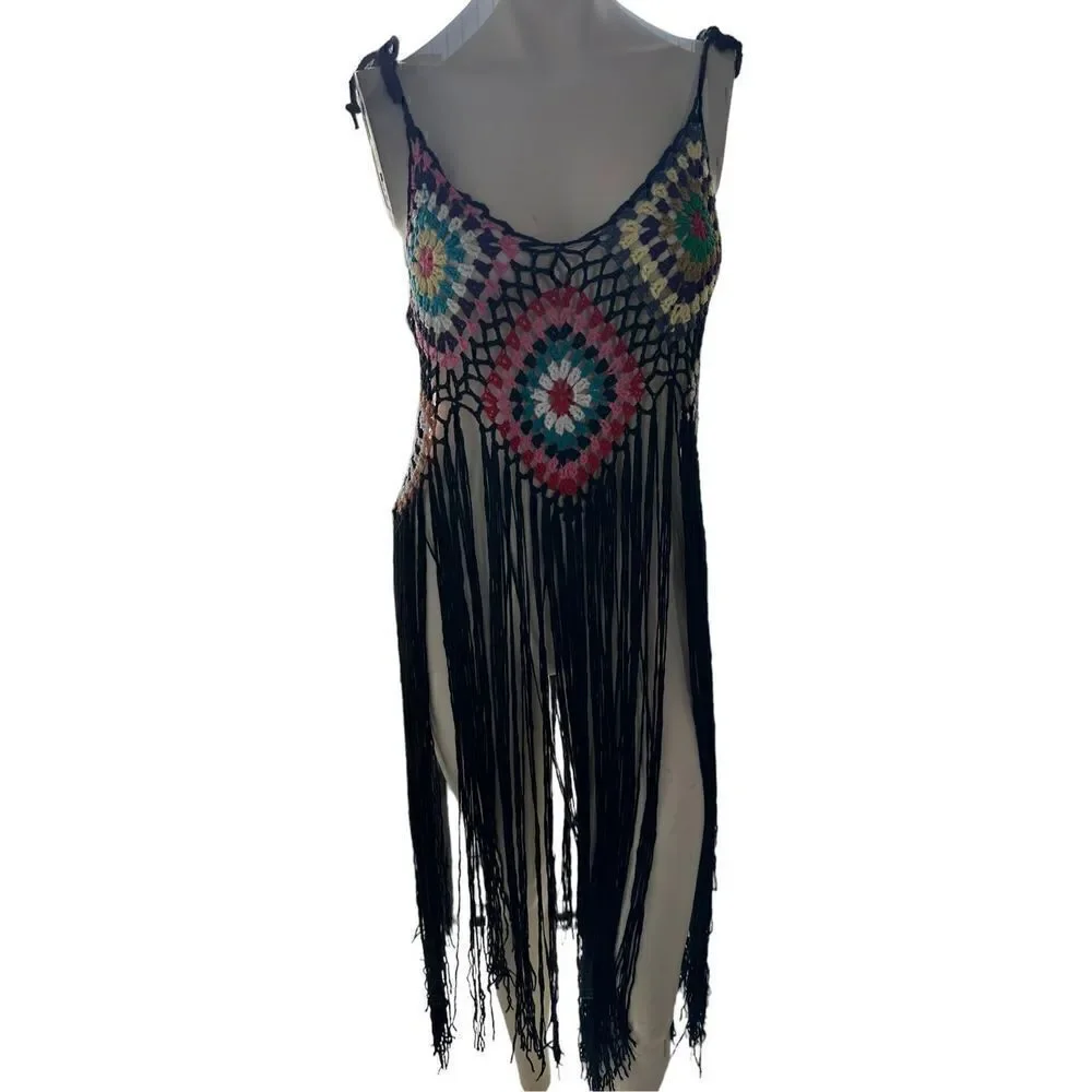 Handmade Women's Black Crochet Bohemia Long Fringe Tassel Beach Cover Dress